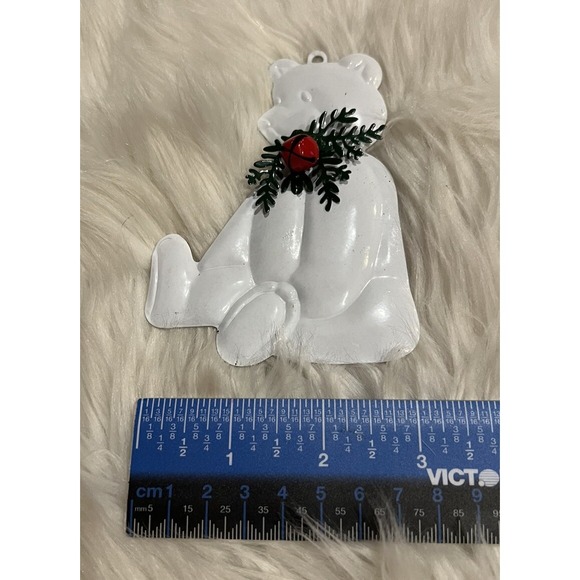 Vintage Dept 56 Flat Metal White Teddy Bear w/ Red Bell Christmas Ornament 4"x3" - Picture 6 of 9